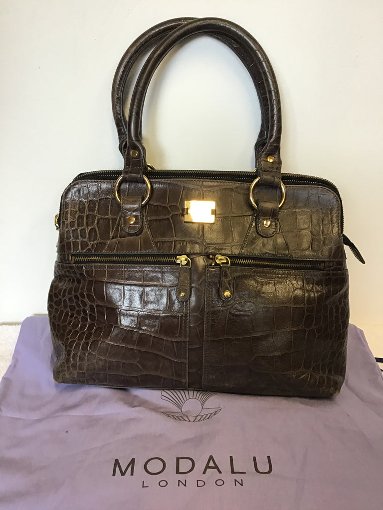 MODALU PIPPA CHOCOLATE BROWN CROC LEATHER TOTE BAG