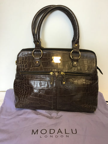 MODALU PIPPA CHOCOLATE BROWN CROC LEATHER TOTE BAG