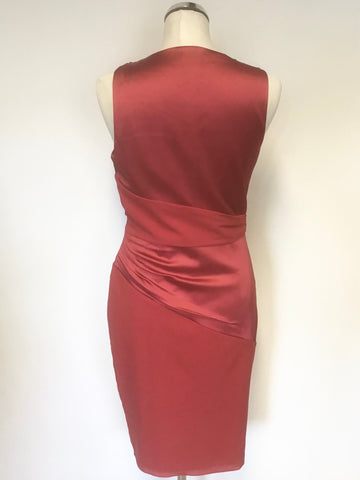 REISS HERIMONE RED ASYMMETRIC NECKLINE SATIN & CHIFON PLEATED DRAPE PENCIL DRESS SIZE 12