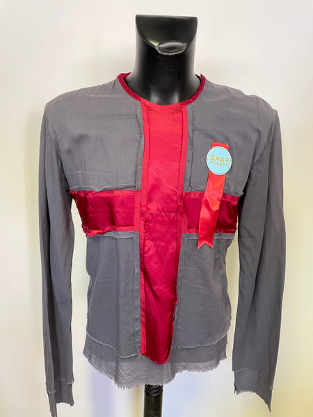 FAKE LONDON GREY & RED CROSS TRIM LONG SLEEVED COTTON TOP SIZE M