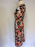 REISS BLACK & ORANGE FLORAL PRINT STRETCH JERSEY DRESS SIZE M