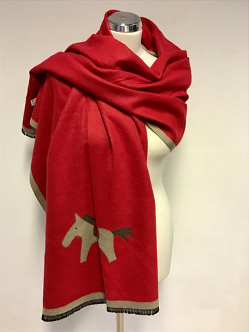 HERMES RED & FAWN REVERSIBLE HORSE DESIGN TRIM WOOL & CASHMERE WRAP/ SCARF