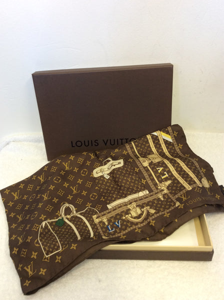 LOUIS VUITTON BROWN MONOGRAM TRUNK PRINT SILK SCARF IN BOX