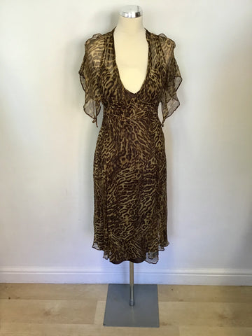 KAREN MILLEN BROWN LEOPARD PRINT SILK DRESS SIZE 10