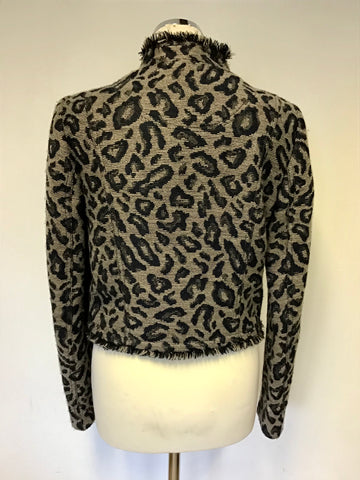 OUI COLLECTION LIGHT BROWN & NAVY BLUE ANIMAL PRINT ZIP UP JACKET SIZE 12