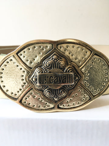 JUST CAVALLI PALE GOLD LEATHER 1.5 INCH WIDE BELT SIZE 34-36 INCHES