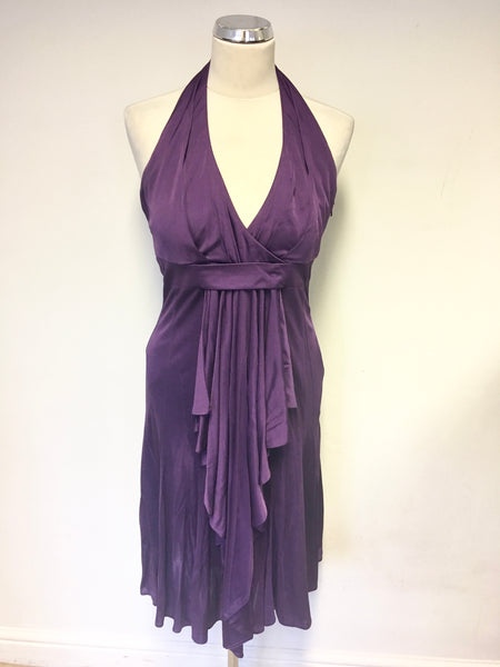 KAREN MILLEN PURPLE HALTER NECK DRAPED PLEAT FRONT OCCASION DRESS SIZE 12