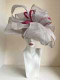 SILVER GREY & FUCHIA PINK TRIM HATINATOR WITH LARGE FLOWER DESIGN ON HEADBAND