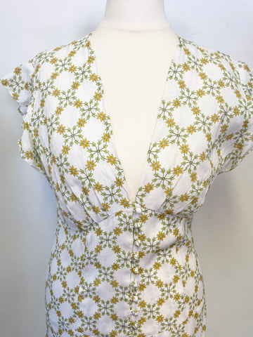 SANDRO PARIS MALLY WHITE WITH DELICATE FLORAL PRINT RUFFLE MIDI DRESS SIZE 36 UK 8/10