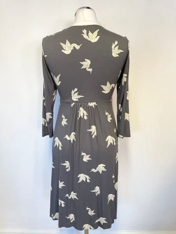 PHASE EIGHT GREY BIRD PRINT 3/4 SLEEVE JERSEY FIT & FLARE DRESS SIZE 10