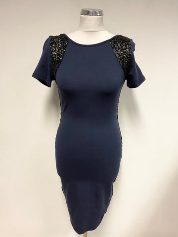 REISS AMBER NAVY BLUE & BLACK SEQUINNED PENCIL DRESS SIZE 8