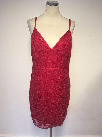 MICHELLE KEEGAN FOR LIPSY RED LACE & SEQUINNED PENCIL DRESS SIZE 14