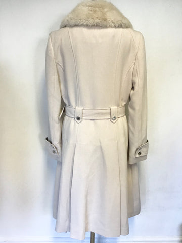 STAR BY JULIEN MACDONALD CREAM FAUX FUR COLLAR BELTED KNEE LENGTH COAT SIZE 14