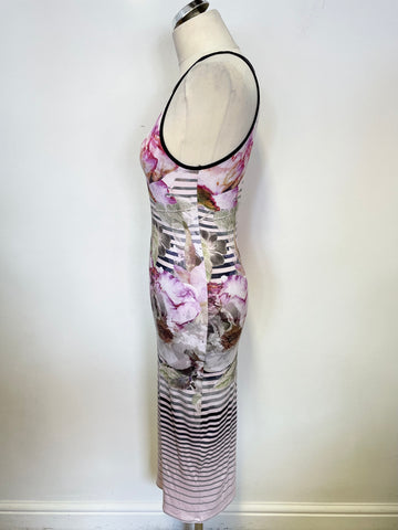 TED BAKER PINK FLORAL & STRIPED STRETCH JERSEY SLEEVELESS TANK MIDI DRESS SIZE 2 UK 10/12