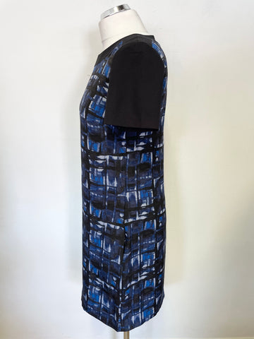 JIGSAW BLACK & BLUE PRINT 100% SILK SHORT SLEEVED SHIFT DRESS SIZE 10