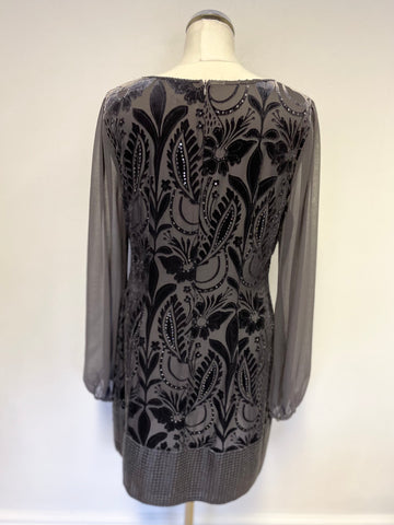PHASE EIGHT DARK GREY VELVET PRINT WITH SEQUINS LONG SLEEVE SHIFT DRESS SIZE 12
