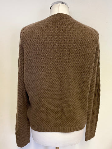 PURE COLLECTION BROWN CASHMERE & WOOL BLEND CABLE KNIT CARDIGAN  SIZE 14