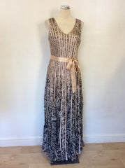 BRAND NEW STELLA BLACK & WHITE ROSE PRINT WITH NUDE SATIN TRIMS LONG DRESS SIZE 12
