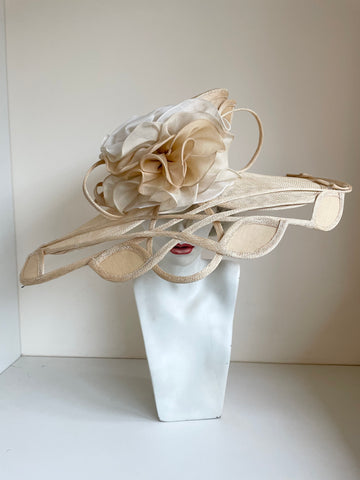 GET AHEAD HATS CREAM/ NATURAL STRAW WIDE BRIM FORMAL HAT WITH FLOWER DETAIL