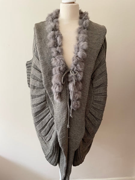 J STARS GREY RABBIT FUR TRIM TIE FRONT SHORT SLEEVE CARDIGAN ONE SIZE