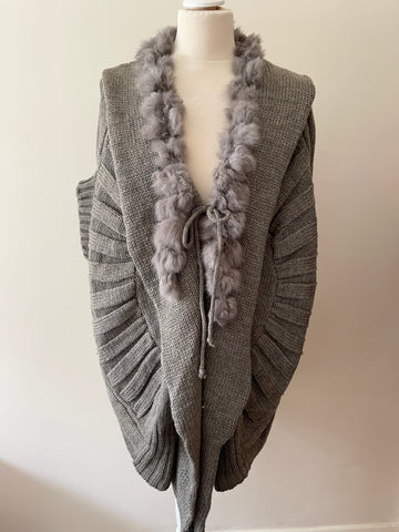 J STARS GREY RABBIT FUR TRIM TIE FRONT SHORT SLEEVE CARDIGAN ONE SIZE