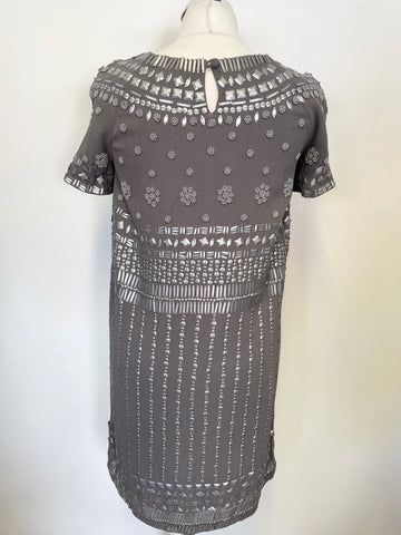 WHISTLES GREY BEADED & SEQUINNED SHORT SLEEVED SHIFT DRESS SIZE 8