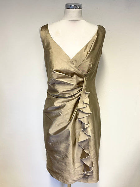 DEBUT PALE GOLD FRILL FRONT SLEEVELESS COCKTAIL/PARTY DRESS SIZE 10