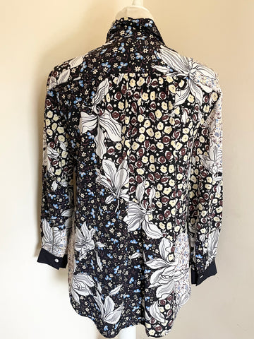 JIGSAW BLACK,BLUE,BROWN & WHITE FLORAL PRINT SILK SHIRT SIZE 6