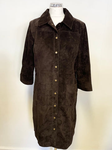LAURA ASHLEY BROWN SUEDE 3/4 SLEEVE POPPER FASTEN DRESS SIZE 14