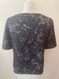 NICOLE FARHI 100% SILK BLACK & GREY FLORAL PRINT SHORT SLEEVED TOP SIZE M