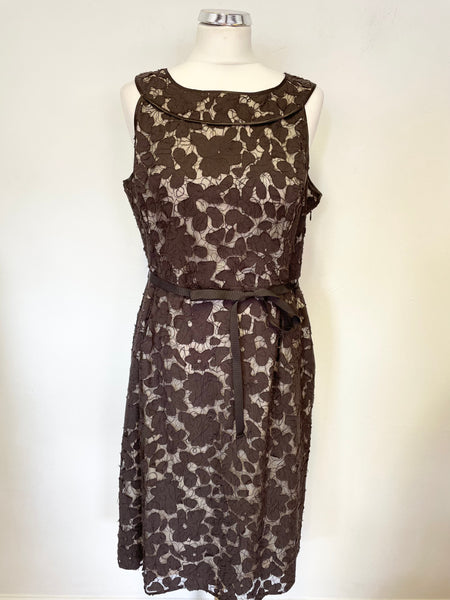 PHASE EIGHT BROWN LACE OVER CREAM SLEEVELESS BELTED SPECIAL OCCASION DRESS SIZE 16