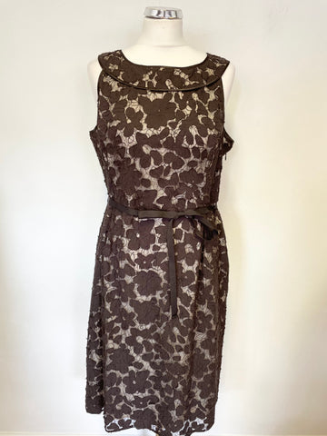 PHASE EIGHT BROWN LACE OVER CREAM SLEEVELESS BELTED SPECIAL OCCASION DRESS SIZE 16