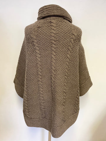 JOULES BROWN CABLE KNIT ROLL NECK WOOL BLEND PONCHO SIZE M/L