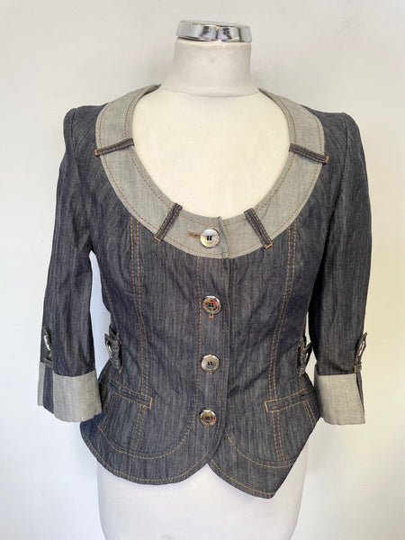 KAREN MILLEN DARK GREY DENIM & LIGHT GREY TRIM 3/4 SLEEVE FITTED JACKET SIZE 12