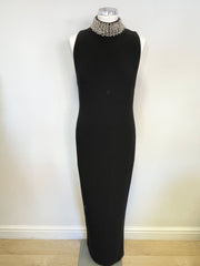 ASOS BLACK & SILVER BEADED HIGH NECKLINE LONG EVENING DRESS SIZE 12