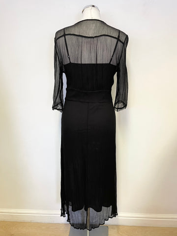 JIGSAW BLACK SHEER SILK MIDI DRESS WITH INNER SILK SLIP SIZE S