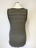 MARCCAIN KHAKI & BLACK STRIPE SLEEVELESS TOP & MATCHING ZIP UP JACKET SET SIZE N4 UK 14