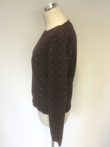 TOAST BURGUNDY & GOLD METALLIC PRINT ALPACA & WOOL BLEND LONG SLEEVE JUMPER SIZE M
