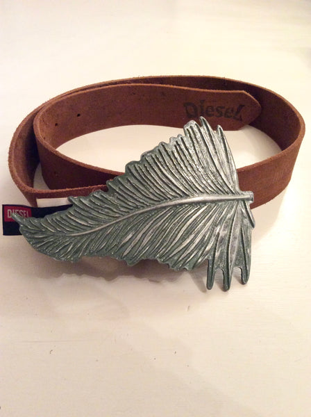 DIESEL TAN BROWN LEATHER WITH PEWTER LEAF STUD FASTEN BELT SIZE 34”