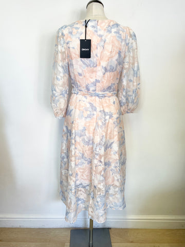 BRAND NEW DKNY LIGHT PINK,WHITE & PALE BLUE FLORAL PRINT SPECIAL OCCASION DRESS SIZE 10