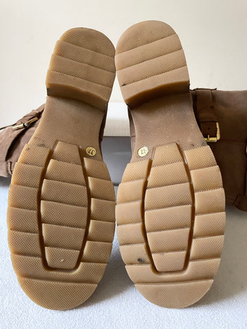 DANIEL LIGHT BROWN MOLESKIN LEATHER BUCKLE STRAP TRIM CALF LENGTH BIKER BOOTS SIZE 4/37