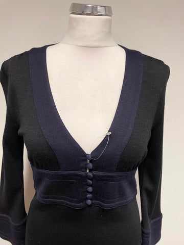 BRAND NEW JENNY DYER LONDON BLACK & NAVY BLUE TRIM 100% WOOL A-LINE MIDI DRESS SIZE 10