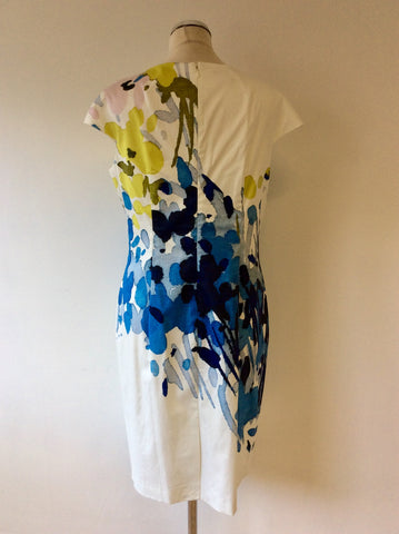 HOBBS INVITATION WHITE,BLUE & LIME PRINT COTTON DRESS SIZE 14
