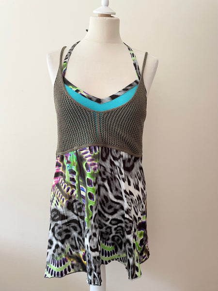 MARCCAIN MULTI COLOURED PRINT HALTER NECK TOP WITH CROCHET KNIT OVERLAYER SIZE S