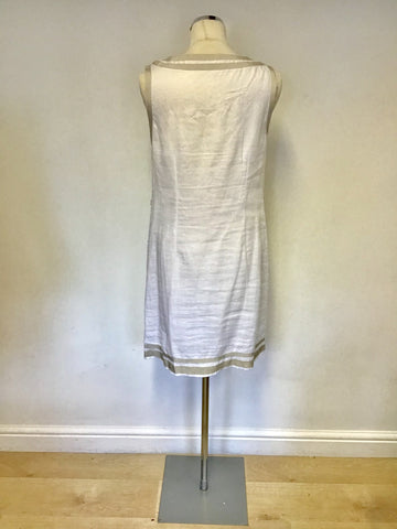 RENE DERHY WHITE EMBROIDERED & BEADED FLORAL DESIGN LINEN SHIFT DRESS SIZE L UK 14