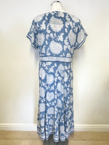 ANOKHI FOR EAST BLUE & WHITE PAISLEY PRINT MIDI DRESS SIZE 14