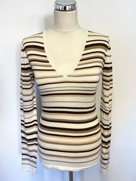 JIGSAW CREAM & BROWN STRIPE FITTED V NECK LONG SLEEVE JUMPER SIZE 1 UK 8/10