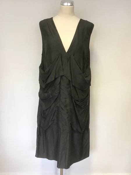 FREY CHARCOAL GREY SILK BLEND SLEEVELESS DRAPE POCKET FRONT SHIFT DRESS SIZE 16