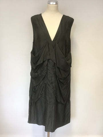 FREY CHARCOAL GREY SILK BLEND SLEEVELESS DRAPE POCKET FRONT SHIFT DRESS SIZE 16