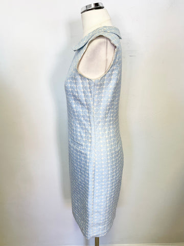 KEW. 159 PALE BLUE & WHITE SPOT PRINT SLEEVELESS COLLARED PENCIL DRESS SIZE 8
